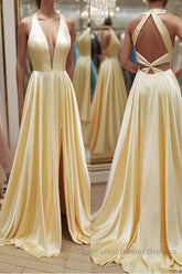 A Line V Neck Yellow Satin Long Semi Formal Prom Dresses, V Neck Backless Yellow Formal Evening Dresses